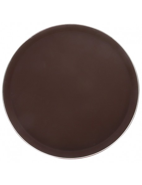 Поднос прорезиненный круглый 400 мм коричневый с ободком из нержавеющей стали 